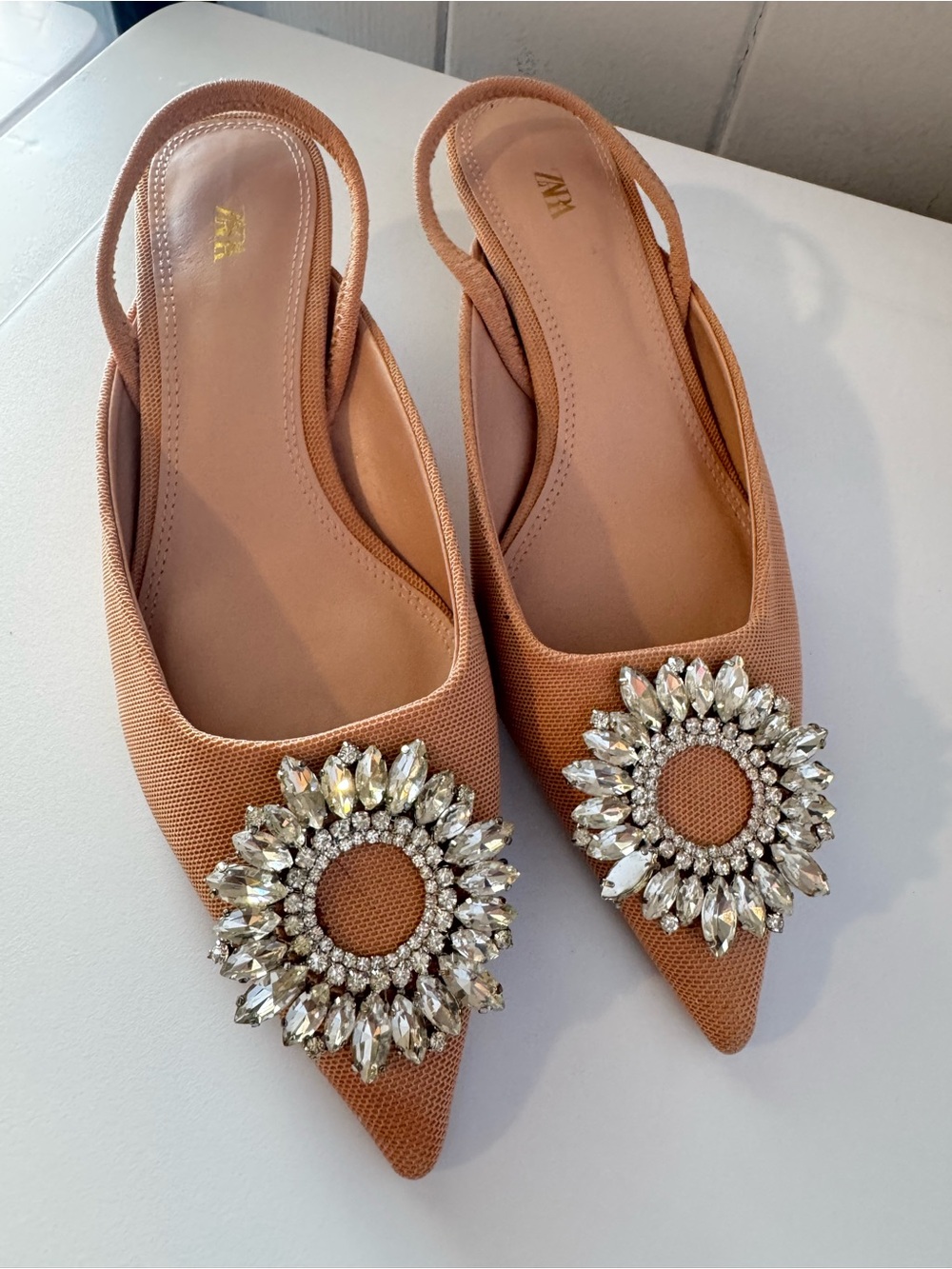 Zara Embellished Slingback with kitten heels in Tan